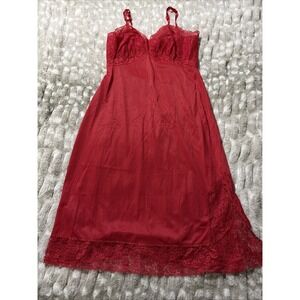 Vtg Van Raalte Red Sexy Slip Dress Satin Side Slit Size 34 Slinky Lace Sheer USA